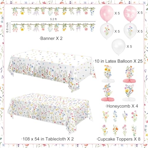 Wildflower Party Decorations – Plates, Cups, Napkins, Cutlery, Banner, Tablecloth, Balloons, Honeycomb Centerpieces for Sp...
