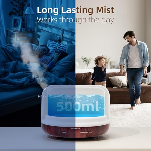 ASAKUKI Essential Oil Diffuser for Home, 500ML Aromatherapy Diffuser Humidifier with Remote Control, 7 Color LED Lights, Q...