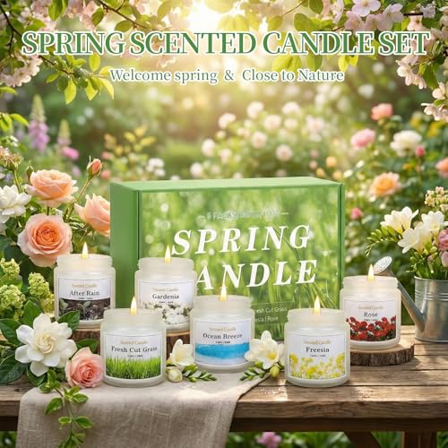 Spring Candle Set, 6 Pack Floral Scented Candles, 21 oz Soy Candles for Home Scented, Spring Gifts for Women & Men, Freesi...