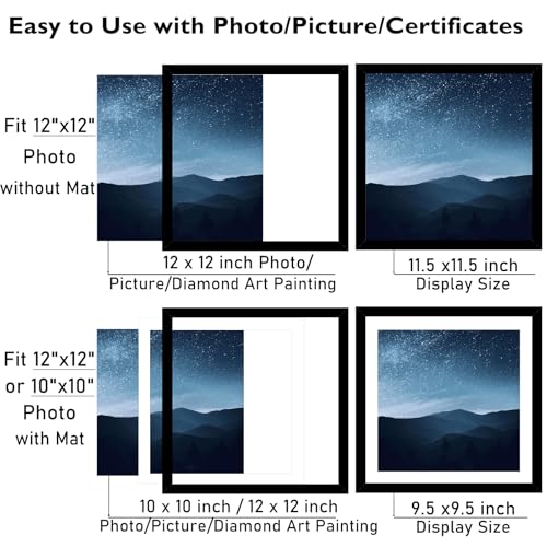 JCJMY 12x12 Picture Frame with Mat for 30 x 30cm Diamond Art Painting, Display Photo 10x10 or 12 x 12 Without Mat, Wall Ha...