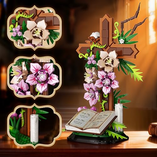Cross Flower Building Set, Religious Cross Collectibles Compatible with Lego Jesus Catholic Building Toys, Easter, Christi...