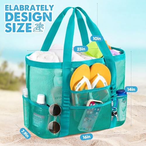 KPX Mesh Beach Bag, Large Beach Tote Bags for Women Foldable Mesh Swimming Pool Bag with Mini Pockets - Sandproof, Waterproof