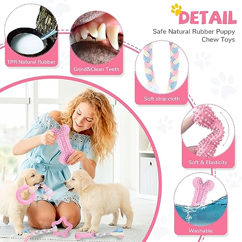 BAEJMJK 6 Pack Puppy Teething Toys Pink Small Breed Dog Chew Toys with Rope Cute Soft Rubber Puppy Toys Set for Cleaning T...
