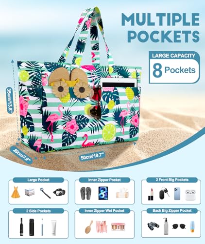 ISEYOU Extra Large Beach Bag Waterproof Beach Totes Bags for Women, Lightweight Foldable Pool Bag with Zipper Wet Compartment