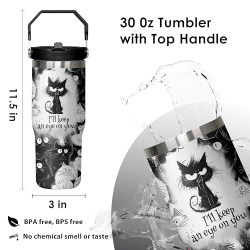 mvhsuoem 30 oz Cat Black Flip Straw Tumbler with Top Handle for Cat Black Lover Resuable Vacuum Insulated Flip Top Water b...