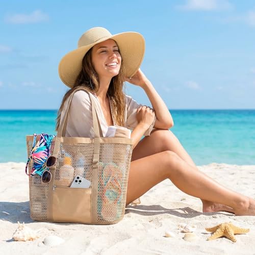 Dntorx Women's Mesh Beach Bag, Stylish Beach Tote for Swimming, Travel & Vacation Essentials, Lightweight Design for Poolside
