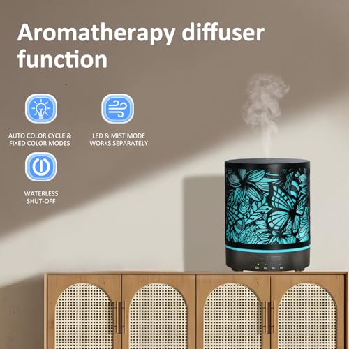Essential Oil Diffusers 300ML Metal Aromatherapy Oil Diffusers for Large Room,Butterflies & Flower Ultrasonic Cool Mist Di...