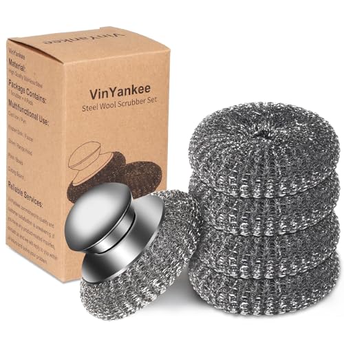 5Pcs Steel Wool Scrubber with Replacement Wire Sponge Pads Set, Stainless Steel Scrubber with Handle for Scouring Stubborn...
