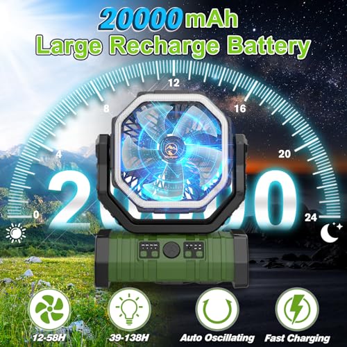 20000mAh Rechargeable Camping Fan, Auto-Oscillating Portable Fan for Camping with Remote & LED Lantern, 4 Speeds Battery P...