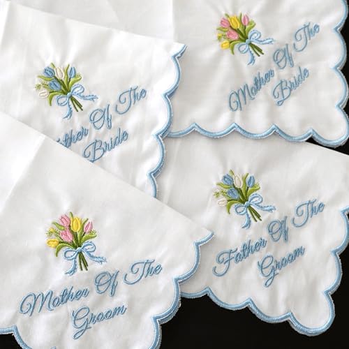 Lauusiusi Wedding handkerchiefs - Mother Father of the Bride Gifts 11" x 11" Something Blue Embroidered Hankies Gifts