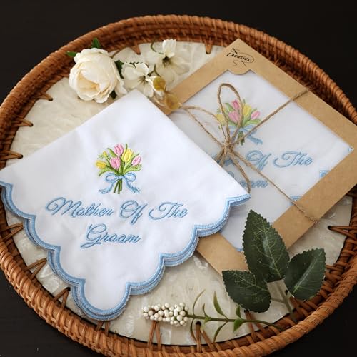 Lauusiusi Wedding handkerchiefs - Mother Father of the Bride Gifts 11" x 11" Something Blue Embroidered Hankies Gifts