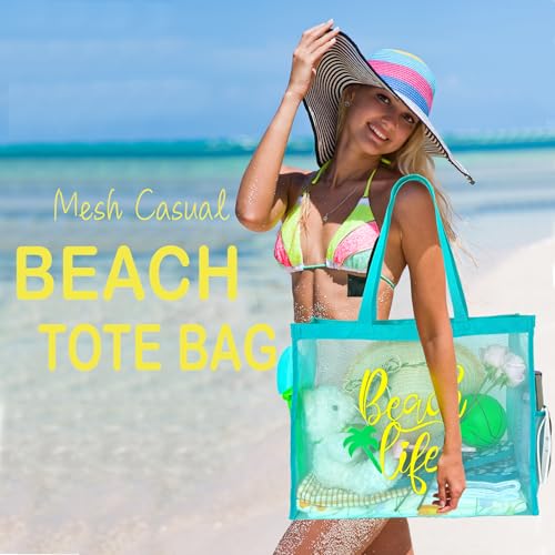 Scimdbg Large Beach Tote Bags With Funny Beach Phrases,Sandproof Foldable Mesh Bag For Poolside,Travel,Swimming | bright c...