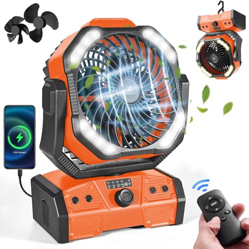 Odoland 40000mAh Camping Fan with LED Light, Battery Operated Oscillating Desk Fan with Remote & Hook, Rechargeable Outdoo...