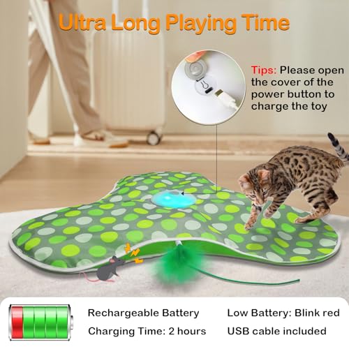 umosis Interactive Cat Toys Rechargeable,Moving Concealed Feathers,Real Mouse Squeaky,Touch Activated Cat Kitten Toy Exerc...
