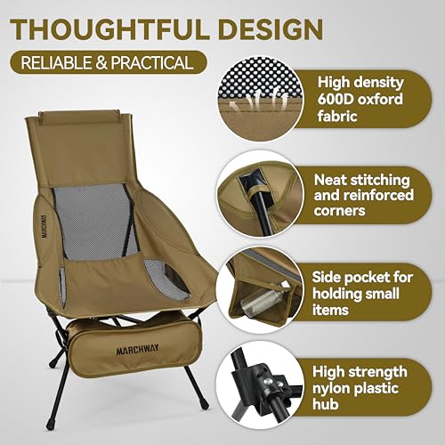 MARCHWAY Lightweight Folding High Back Camping Chair with Head Support, Stable Portable Compact for Outdoor Camp, Travel, ...