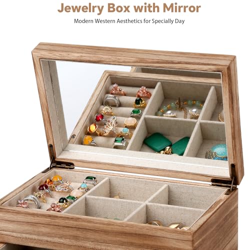 Meangood Jewelry Box Organizer for Women, 2 Layer Large Jewelry Storage Case, Rustic Wooden Jewelry Box with Mirror & Ring...