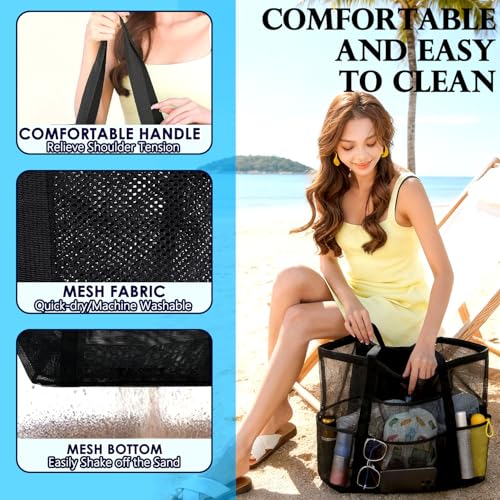 Fammart Mesh Beach Bag for Women, Large Beach Toy Pool Bag with Zipper Pocket, SandProof Cruise Essentials 2026 Family Travel