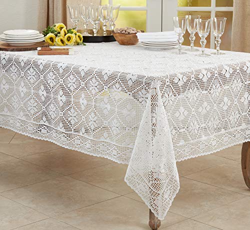 SARO LIFESTYLE Cressida Collection Crochet Design Tablecloth, 65" x 88", White