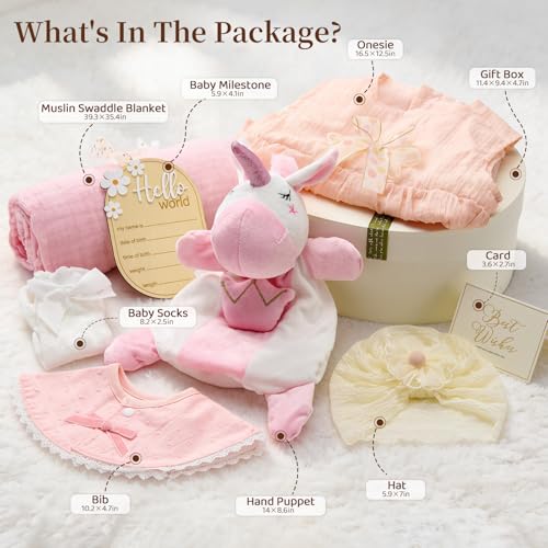 TUZT Newborn Baby Girl Gift Set, 9PCS Baby Shower Gift Box with Onesie Blanket Hand Puppet Milestone Card, New Born Essent...