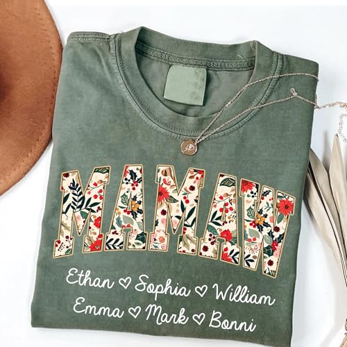 Personalized Floral Mama Grandma Shirt with Kids Name, Custom Gifts for Mom Grandma, Mother’s Day Shirt for Women