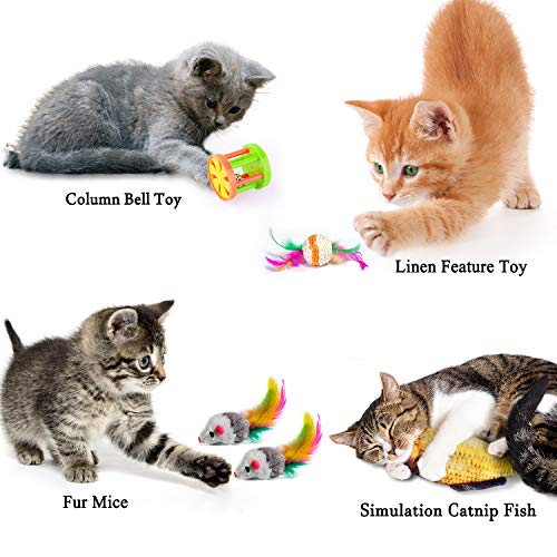 MIBOTE 28Pcs Cat Toys Kitten Toys Assorted, Cat Tunnel Catnip Fish Feather Teaser Wand Fish Fluffy Mouse Mice Balls and Be...