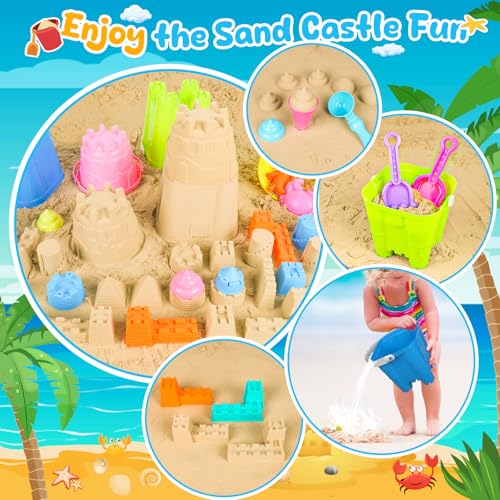 REZUCREY Beach Toys for Kids Toddlers, Sand Castle Toys with 4 Sand Bucket and Shovels, Mesh Bag & Molds, Ice Cream Travel...
