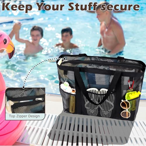Fammart Mesh Beach Bag with Zipper for Women, Large Beach Tote Sandproof Toys Pool Swim Bag Travel Vacation Cruise Essentials