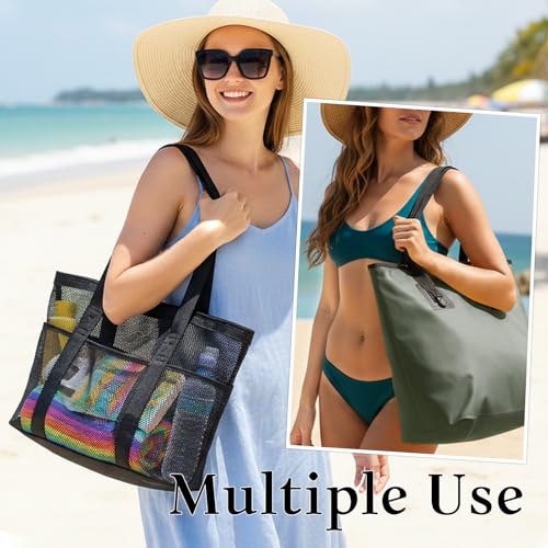 miss fong Mesh Beach Bag - Beach Bags for Women Pool Bag Swim Bag – 2-in-1 Waterproof Beach Tote Bag Wet/Dry Separation