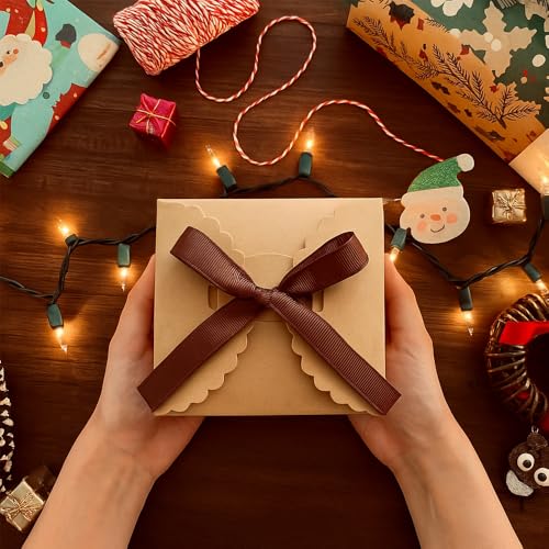 Brown Gift Boxes with Ribbon – 4x4x4" Foldable Paper Boxes with Lids, Set of 10, Eco-Friendly Small Kraft Present Boxes fo...