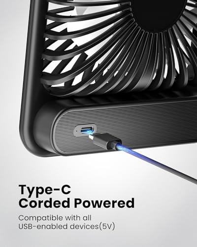 Koonie USB Desk Fan, Strong Wind Ultra Quiet Small Personal Fan with 180° Tilt Folding and 3 Speeds Adjustable, USB-C Cord...