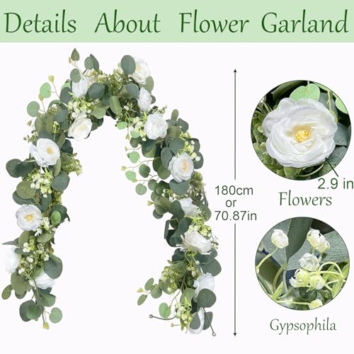 Aoztio 2 Pack 6Ft Artificial Eucalyptus Flower Garland with White Roses, Faux Floral Greenery Garland Fake Flower Vines fo...
