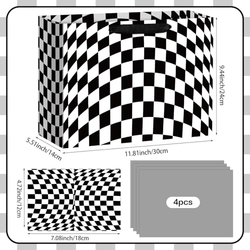 Hooqict Large Checkered Gift Bag Black and White Racing Car Gift Wrap Bag with Handles, Tissue Paper, Greeting Cards for K...