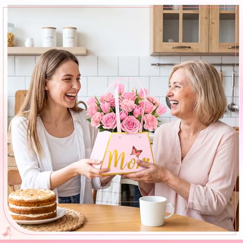 Tinlade 12 Pcs Mother's Day Flower Boxes for Arrangements with Handle Pink and Gold Mom Floral Bouquet Gift Bag Holder Wat...