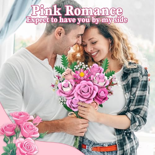 Pink Rose Bouquet Flowers Building Set, 834Pcs Roses Artificial Flowers Botanical Collection Gift for Mothers Day Mom Wome...