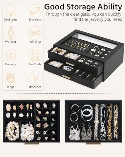 AKOZLIN Jewelry Box with Clear Lid Functional Leather Jewelry Storage Organizer Case 2 Drawers for Women Girls Necklace Ri...