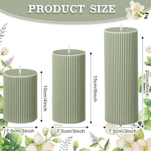 Conelist Ribbed Pillar Candles Set of 3, Width 3" High 4" 6" 8" Large Soy Wax Orchids Scented Pillar Candles Aesthetic Rib...