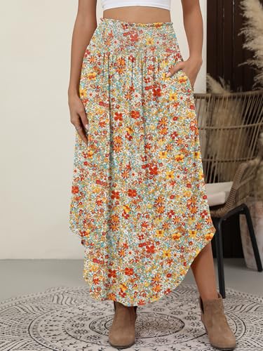 ANRABESS Women's Maxi Skirts Summer Boho Floral High Waisted Flowy Swing Pleated Beach Long Skirt with Pockets