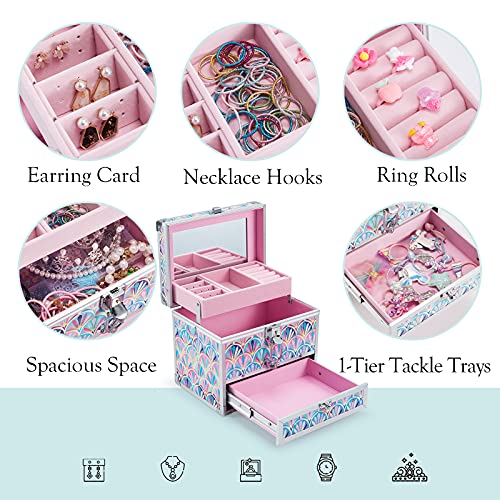 Hododou Girls Jewelry Box Organizer with Drawer & Mirror, Mermaid Tail Style Lockable Storage Case for Kid or Little Girls...