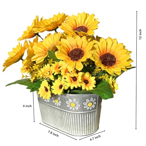 hopeme Artificial Flowers Fake Sunflowers in Pot, Faux Silk Flowers Floral Table Centerpiece Decoration, Rustic Potted Gre...