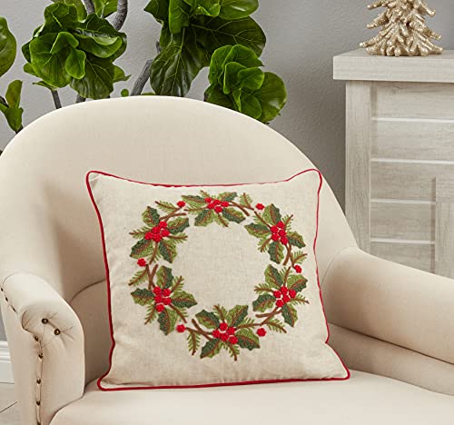 SARO LIFESTYLE Collection Holly Wreath Pillow Cover, 18", Multi