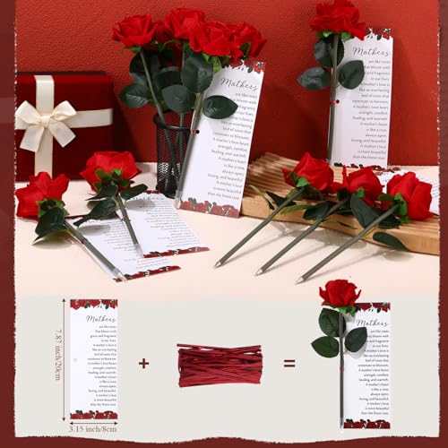 Sayglossy 12 Sets Rose Pen Mother's Day Gifts Artificial Red Flower Ballpoint Pens with Inspirational Praise Card Rose Par...