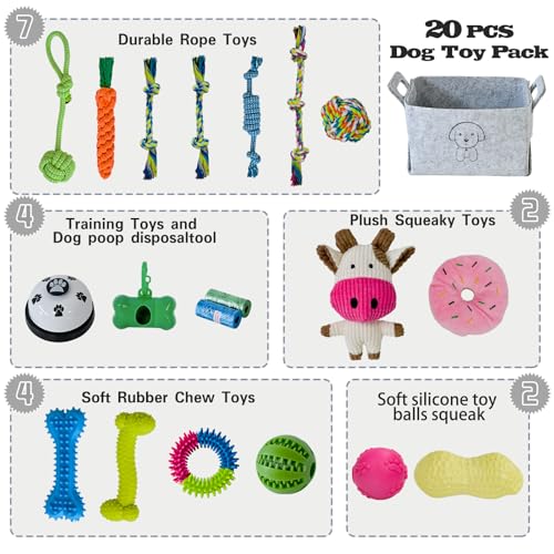 MRSOHRET 20Pcs Puppy Chew Toys for Teething, Dog Chew Toys with Rope Toy, Pet Dog Toothbrush, Treat Balls, Plush Toys and ...