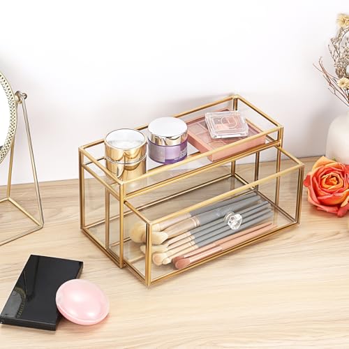 GUSHBIN Clean Pad Storage Box Gold Glass Pull and Out Drawer with Tray Rectangular Cotton Pads Holder Vanity Organizer for...