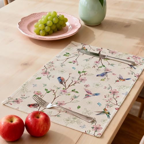 Cusugbaso Spring Placemats Set of 4 12x18 inch for Dinning Table - Floral Bird Branch Spring Decor for Party, Dinner - Far...