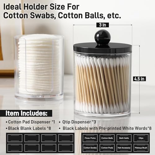 4 Pcs, Acrylic Qtip Holder Dispenser for Cotton Swab, Ball, Round Pads, Floss Picks - Plastic Apothecary Jar Set, Bathroom...