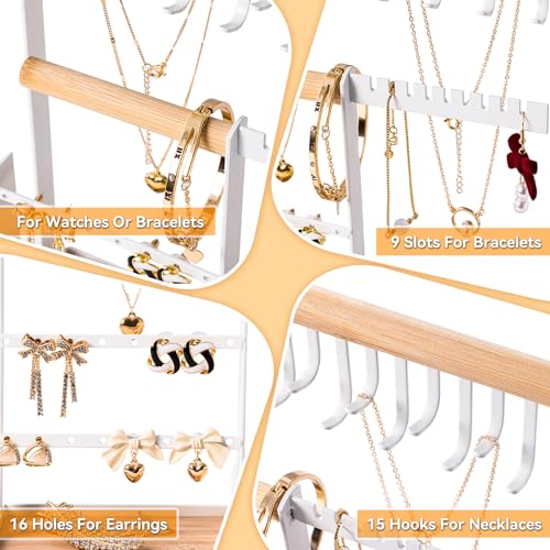 DreamGenius Jewelry Organizer Stand with Velvet Ring Holder, 4 Tier Jewelry Holder Organizer with 15 Hooks for Necklaces a...