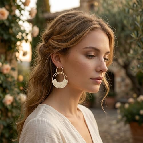 4 Pairs Raffia Rattan Bohemian Earrings for Women, Tropical Bohemian Straw Dangle Earrings Boho Summer Beach Earrings Summ...