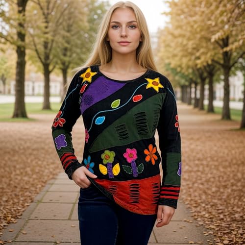 Agan Traders 2026 Summer Bohemian Tops for Women - Rib Knit Cotton Funky Patch Retro Hand Women's Embroidered Blouses