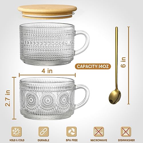 4pcs Set Vintage Coffee Mugs gifts for women, Overnight Oats Containers with Bamboo Lids and Spoons - 14oz Clear Embossed ...