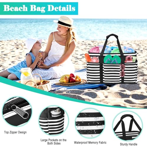 TEUEN Large Beach Bag with Zipper, 12 Pockets Waterproof Sandproof Pool Bag Womens Mesh Beach Tote Bag for Travel Vacation